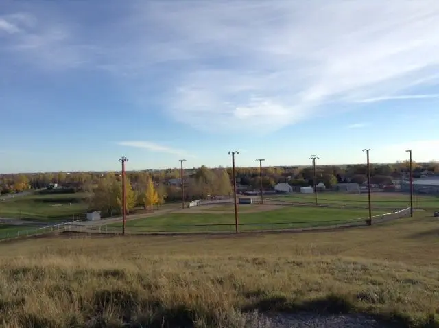 Pilot Butte ball diamonds from the hill, 2015